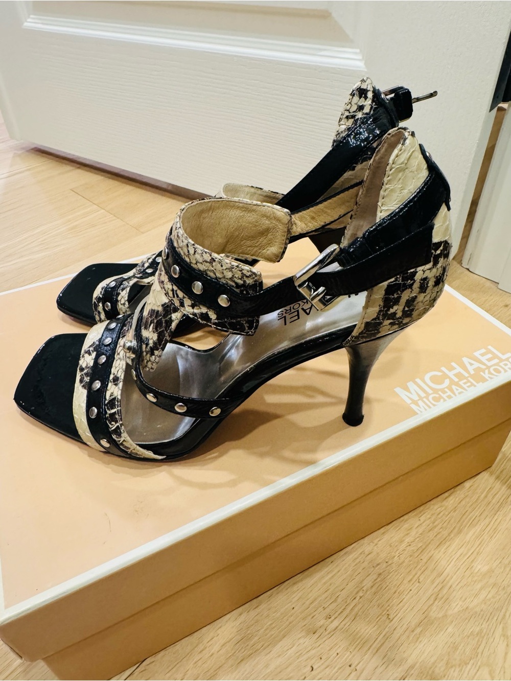 Michael Kors Black and Cream Snakeskin-Print Strappy Stiletto Heels